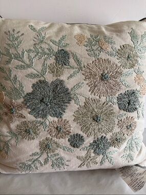 Embroidered Floral Throw Pillow - Cream with Sage and Taupe Accents 20x20